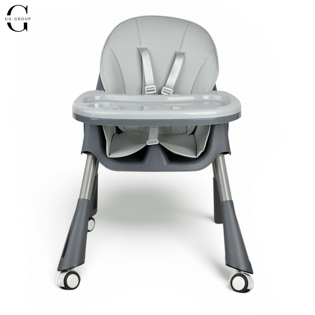 Стільчик для годування BAMBI M 5722 Gray, регульований, знімний столик, 5-точковий ремень, колеса, екошкіра